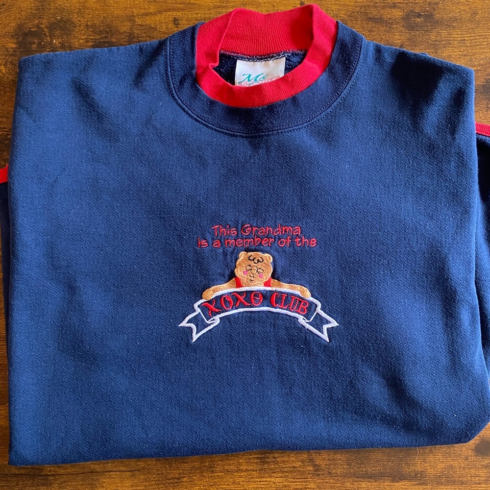 Vintage Grandma Sweatshirt 90s Teddy Bear Embroidered Navy Red mc sportswear 2XL
